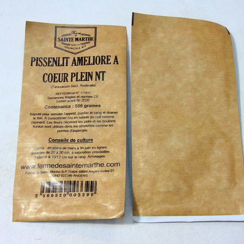 Exemple de spécimen de Pissenlit amélioré à Coeur Plein NT - Ferme de Sainte Marthe le sachet de 500 graines environ tel que livré