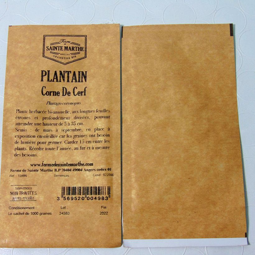 Exemple de spécimen de Plantain Corne de Cerf NT - Ferme de Sainte Marthe le sachet de +/- 2800 graines environ (minimum 1g) tel que livré