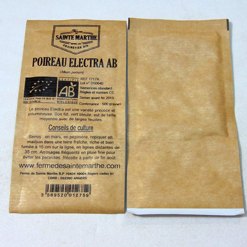 Exemple de spécimen de Poireau Electra Bio - Ferme de Sainte Marthe le sachet de 500 graines environ (1g) tel que livré