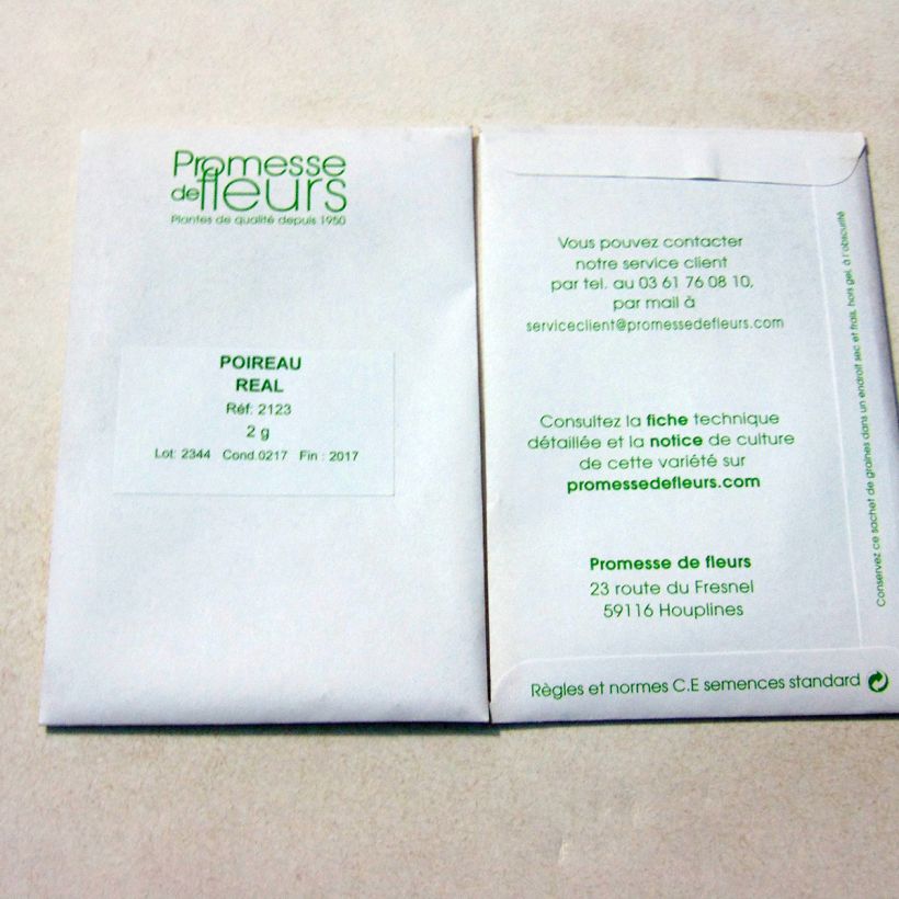 Exemple de spécimen de Poireau Réal le sachet de 500 graines environ (2g) tel que livré