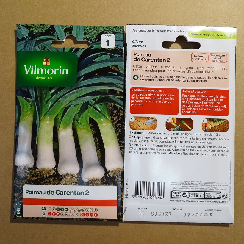 Exemple de spécimen de Poireau de Carentan 2 - Vilmorin le sachet de 1000 graines environ (4g) tel que livré