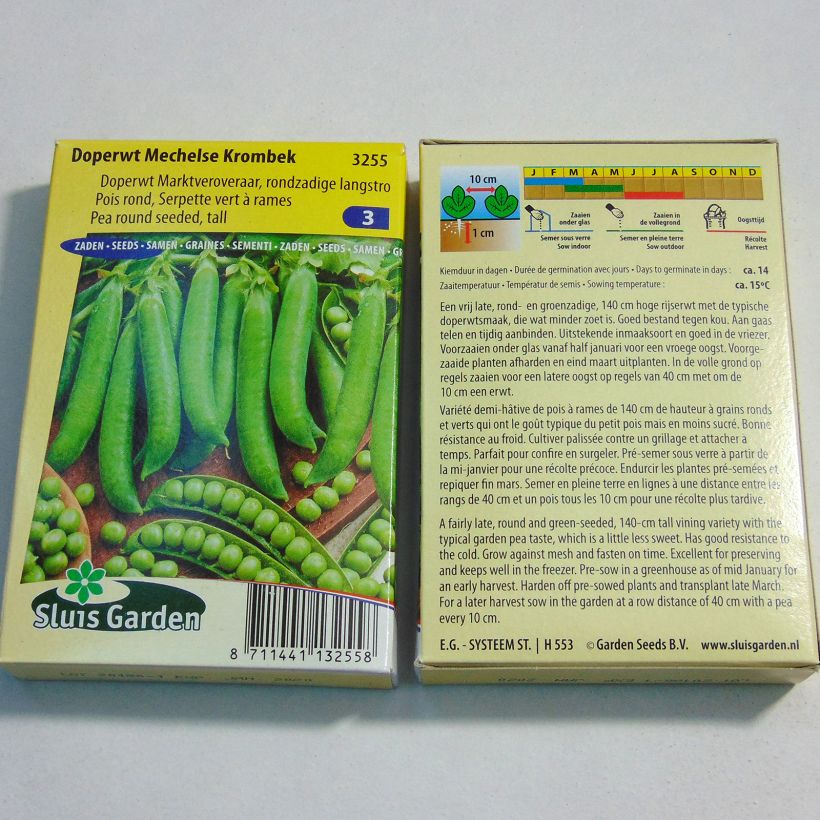 Exemple de spécimen de Pois à rames Serpette verte de Malines (Mechelse Krombek) - Pisum sativum le sachet de 255 graines environ (85g) tel que livré