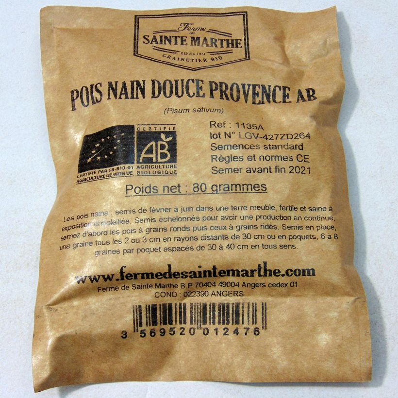 Exemple de spécimen de Pois nain Douce Provence Bio - Ferme de Sainte Marthe le sachet de 240 graines environ (80g) tel que livré
