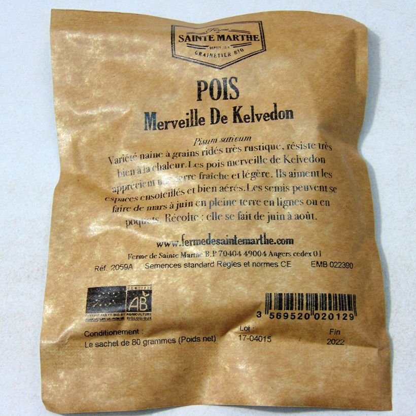 Exemple de spécimen de Pois nain Merveille de Kelvedon Bio - Ferme de Sainte Marthe le sachet de graines de 80 grammes tel que livré