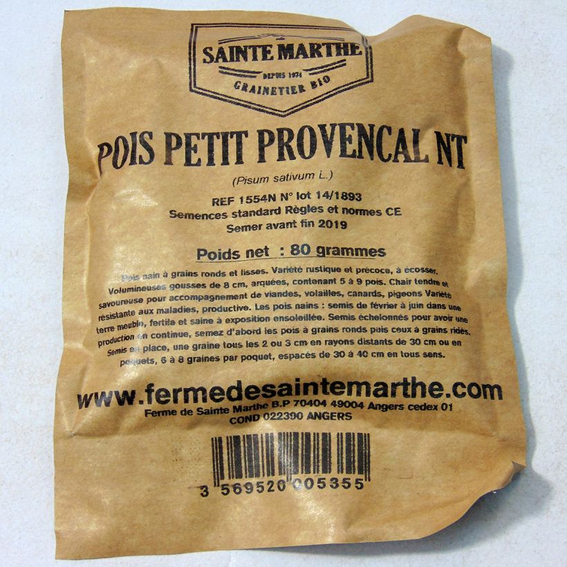 Exemple de spécimen de Pois nain Petit Provençal NT - Ferme de Sainte Marthe le sachet de 240 graines environ (80g) tel que livré