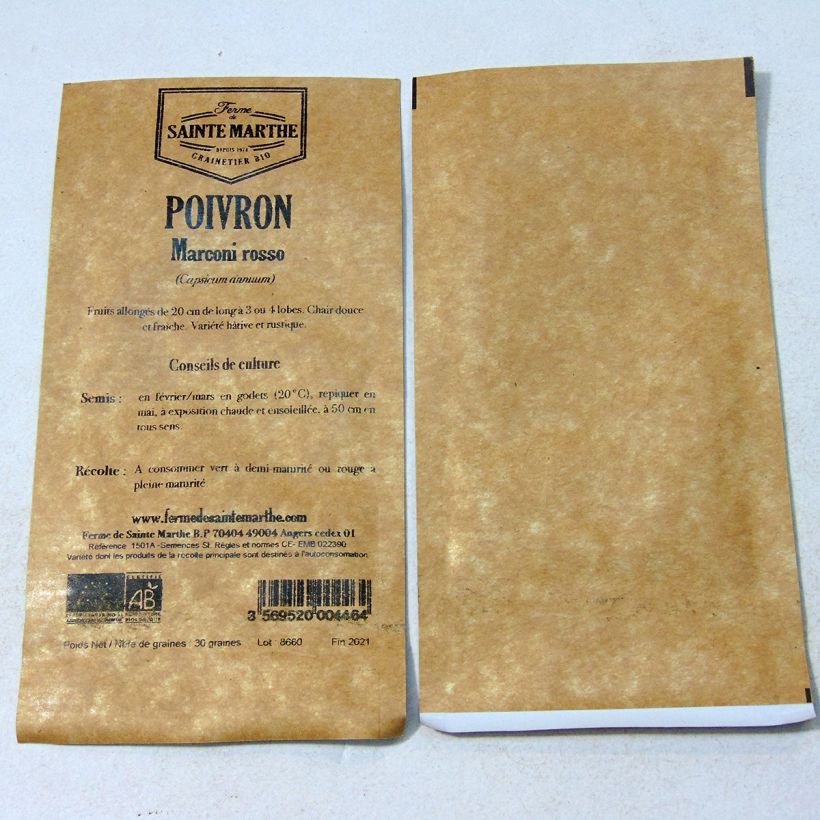 Exemple de spécimen de Poivron Marconi Rosso Bio - Ferme de Sainte Marthe le sachet de 30 graines environ tel que livré