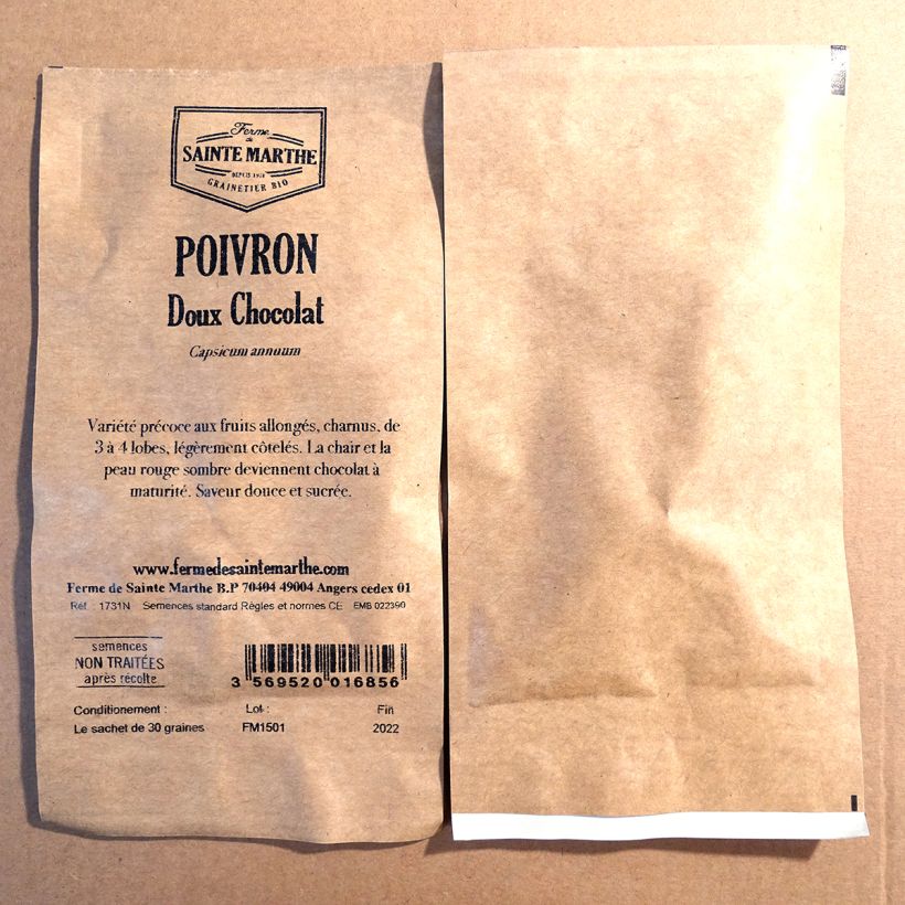 Exemple de spécimen de Poivron doux Chocolat NT - Ferme de Sainte Marthe le sachet de 30 graines environ (Sachet de 30 grainesg) tel que livré
