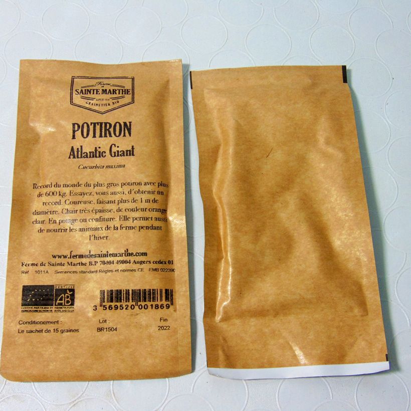Example of Potiron Atlantic Giant Bio - Courge Gargantua - Ferme de Sainte Marthe le sachet de 10 graines environ (4g) as you get