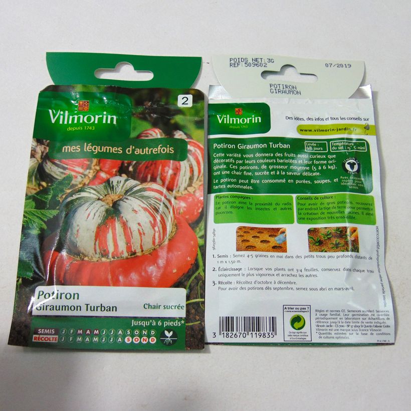 Exemple de spécimen de Potiron Giraumon Turban - Vilmorin le sachet de 18 graines environ (3g) tel que livré