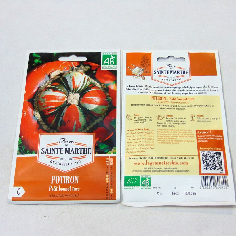 Example of Potiron Petit Bonnet Turc Bio - Ferme de Ste Marthe le sachet de 8 graines environ (2g) as you get