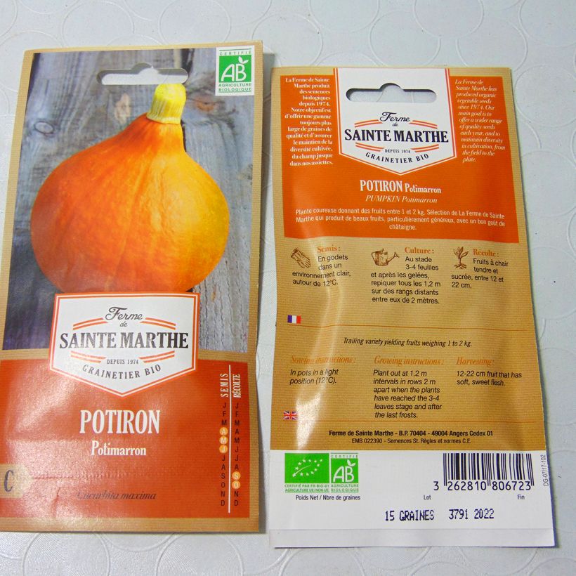 Exemple de spécimen de Potiron Potimarron Bio - Ferme de Sainte Marthe le sachet de 10 graines environ (2g) tel que livré