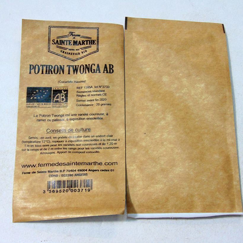 Exemple de spécimen de Potiron Twonga Bio - Ferme de Sainte Marthe le sachet de 20 graines environ (1g) tel que livré