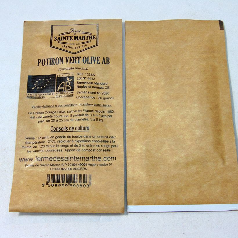 Exemple de spécimen de Potiron Vert Olive Bio - Ferme de Sainte Marthe le sachet de 20 graines environ (4g) tel que livré