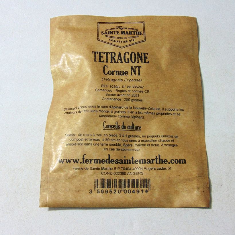 Exemple de spécimen de Tétragone cornue NT - Ferme de Sainte Marthe le sachet de 250 graines environ (13g) tel que livré