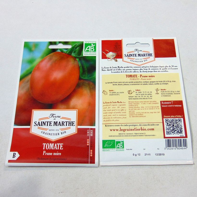 Exemple de spécimen de Tomate Prune Noire Bio - Ferme de Sainte Marthe le sachet de 40 graines environ tel que livré